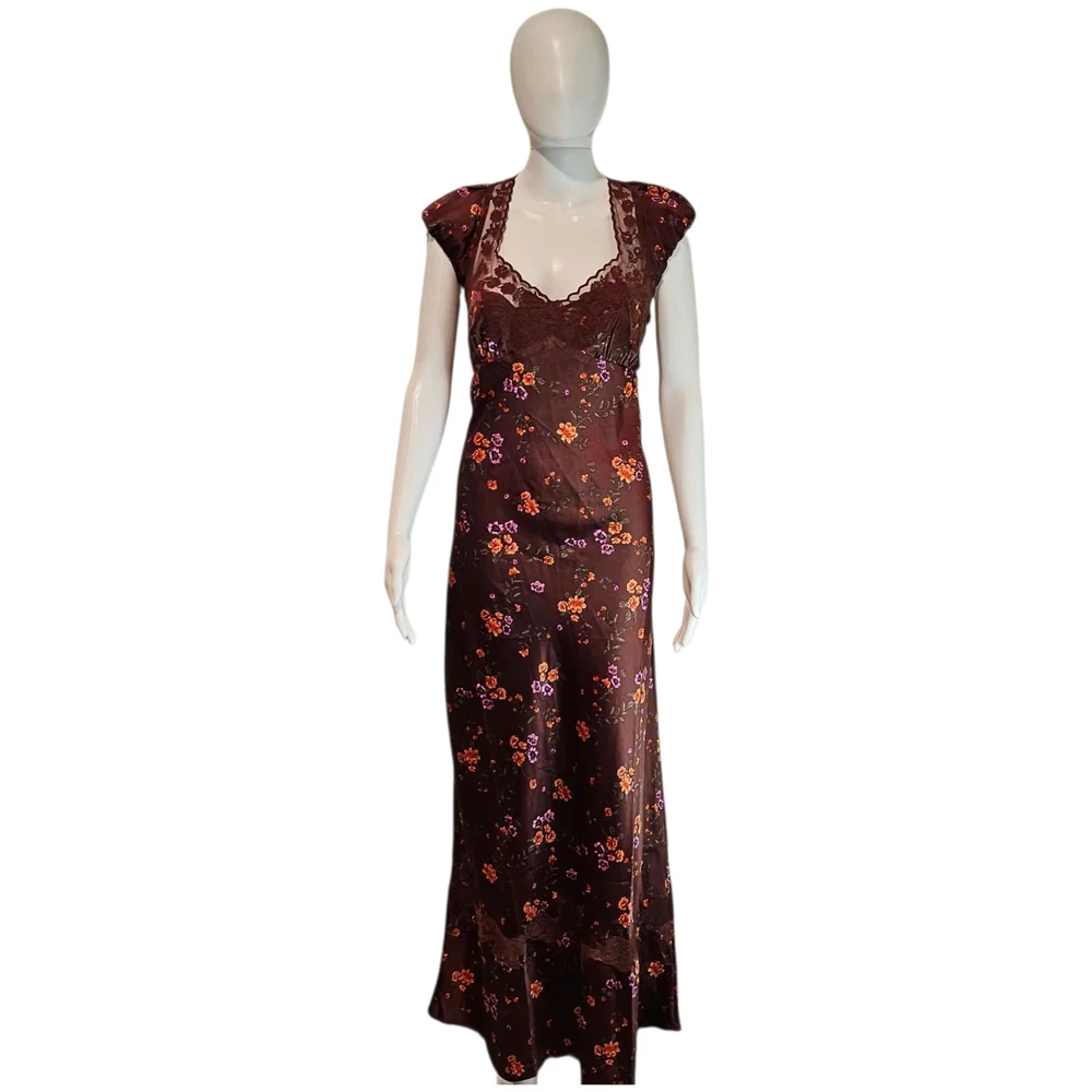 Free People Butterfly Babe Satin Like, Lace Trim Maxi Dress Size Large NWT - Picture 2 of 11